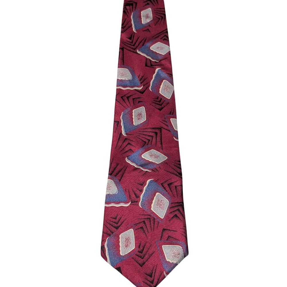 Wembley Necktie Mens Burgundy Pure Silk Geometric Abstract 90s Retro Classic